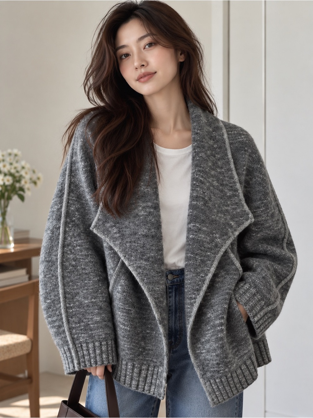 Structured Grey Knit Jacket | Thick & Oversized | Fall/Winter